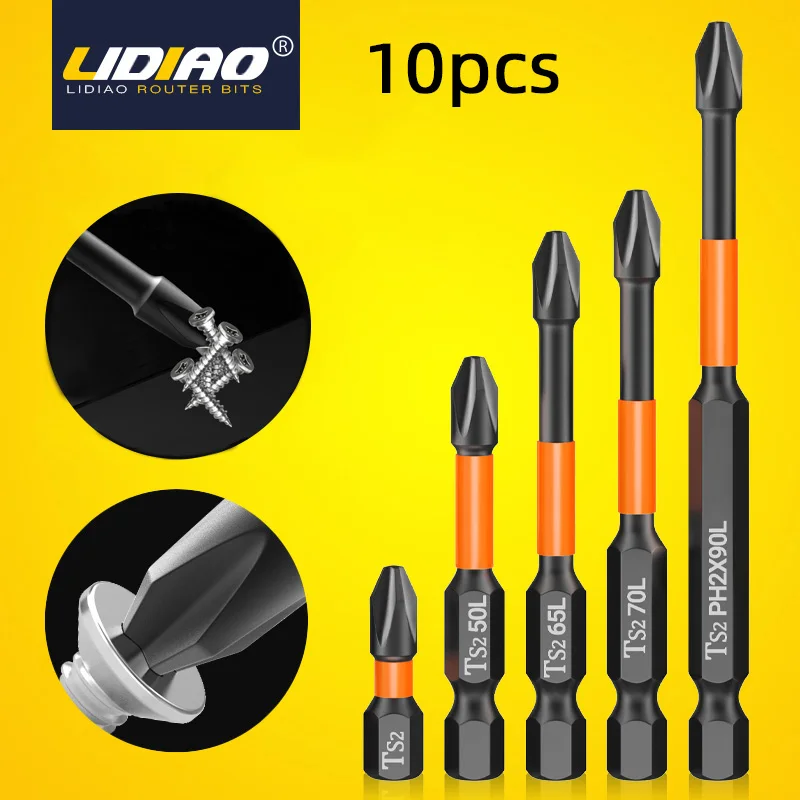 LIDIAO1/10pcs Magnetic Electric Screwdriver Bit Set Cross Non Slip Impact Driver Bit Hex Shanked High Torque Batch Head Drill