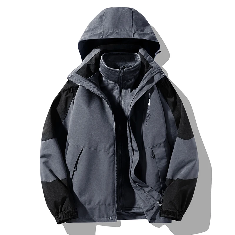 

Outdoor 3 in 1 Camping Jacket for Men Waterproof Thicken Hooded Male Coats Fashion Warm Windbreaker Parkas Solid Color All-match