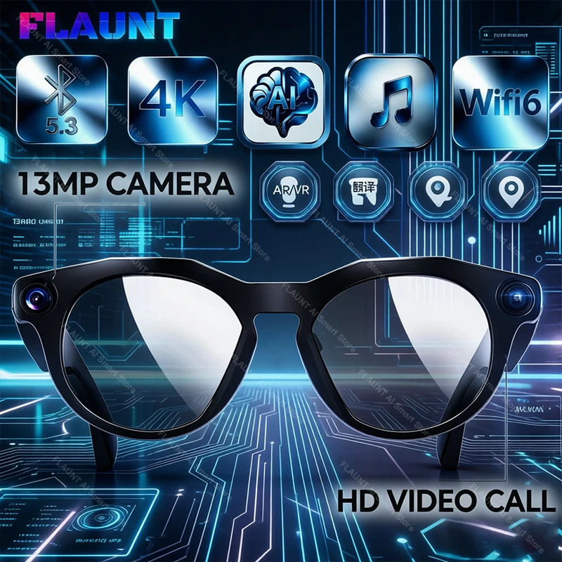 FLAUNT 2 in1 AI Smart Glasses 4K13MP HD Camera Photo Video WiFi6 Voice Call Translation Music Tiktok Live Bluetooth AI Glasses