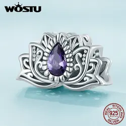 WOSTU 925 Sterling Silver Lotus Bead Colorful with Purple Zircon Charms for Women Fit Bracelet & Necklace Original Jewelry Gift