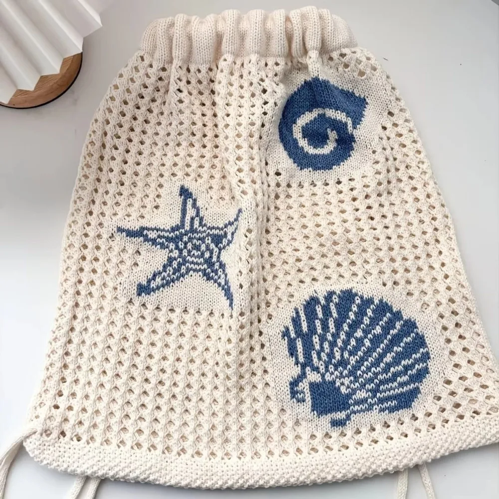 Starfish Embroidery Hollow-Out Backpack Shell Large Capacity Woven Shoulder Bag Crochet Drawstring Backpack for Beach Vacation