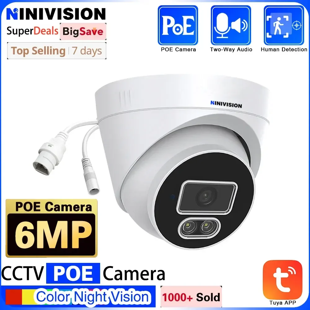 

6MP Security POE Dome IP Camera For TUYA Smart Life Home Sound and Light Alarm Human Detection Outdoor Home CCTV POE IP Camera