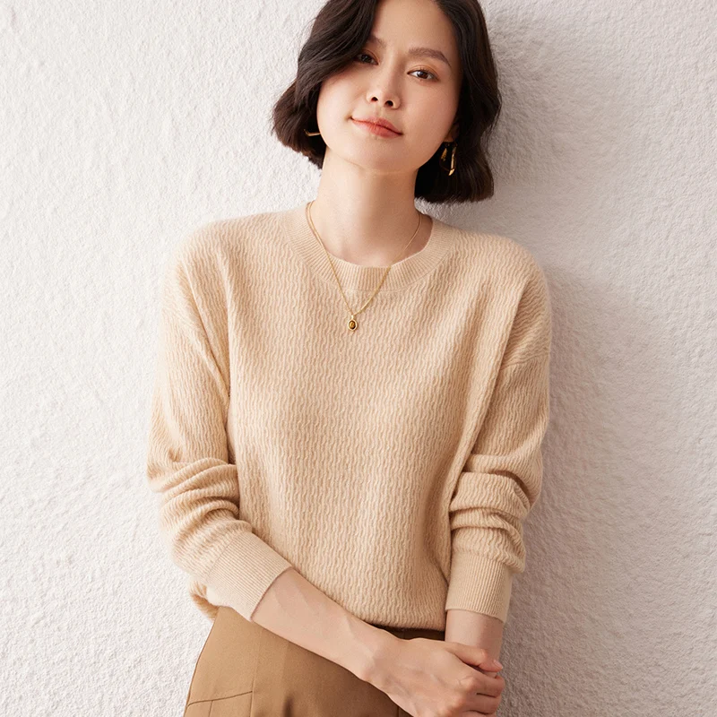 

Women's 100% Cashmere Sweater Water Ripple round Neck Loose Fit Drop Shoulder Knitted Base Shirt for Autumn Winter