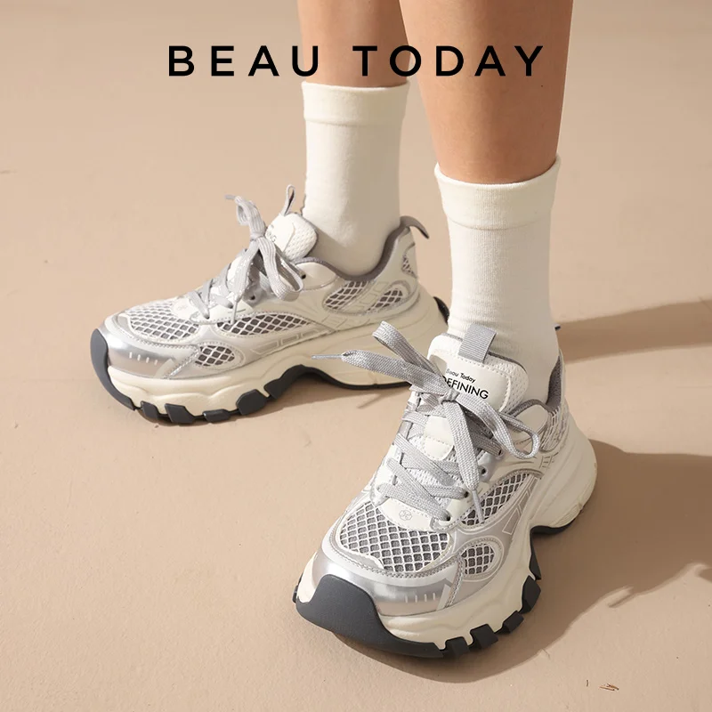 BEAUTODAY Casual Sneakers Women Air Mesh Chunky Sole Solid Color Round Toe Lace-up 2024 Spring Ladies Shoes Handmade 29403