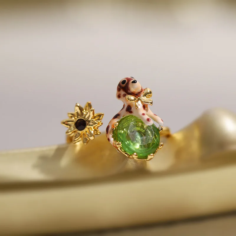 

Care for Small Animals Protect Dog Spotted Dachshund and Green Glass Stone Aster Flower Valentines Day Adjustable Ring for Women
