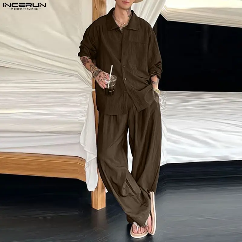 

INCERUN Men Sets Solid Color Lapel Long Sleeve Shirt & Pants Two Pieces Sets Loose Streetwear 2025 Fashion Casual Men's Suits