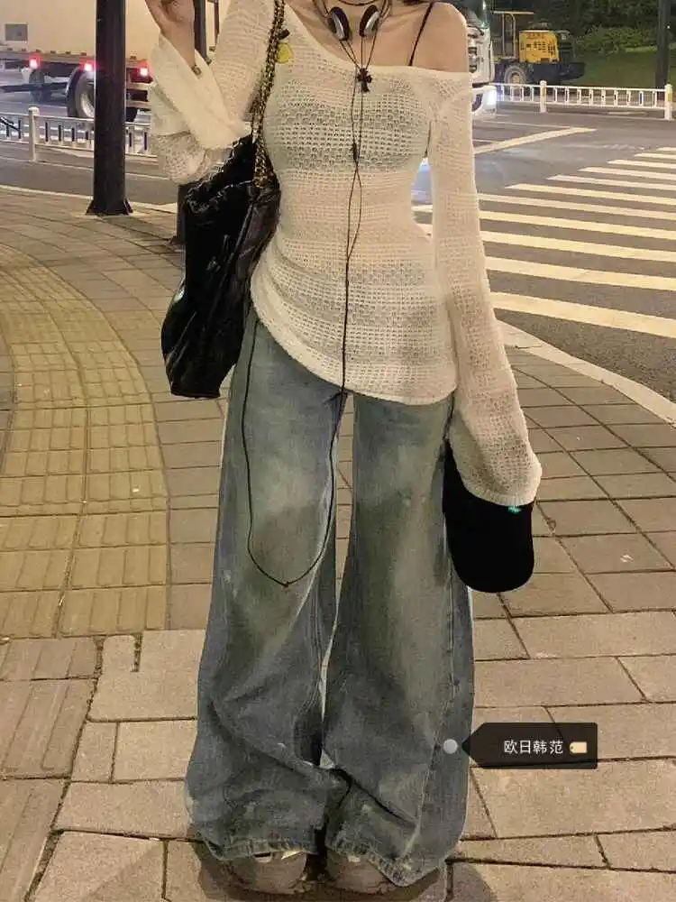 

2025 Autumn Winter Women's American Retro Denim Pants Y2k Streetwear 2000s High Street Baggy Japanese Harajuku Stacked Jeans