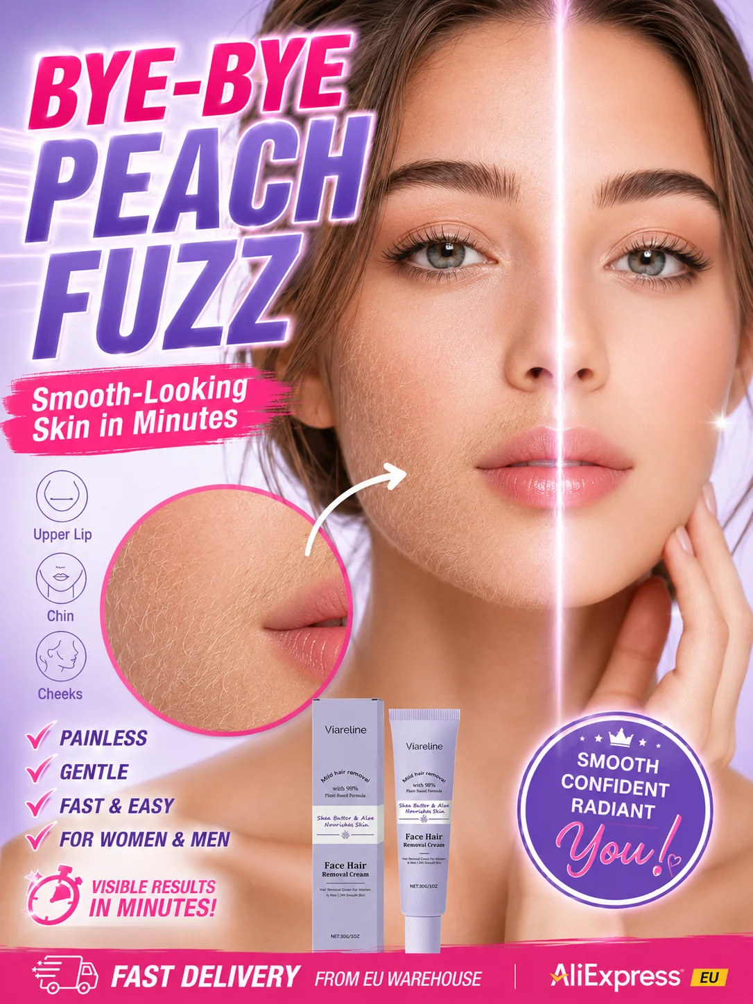 Facial Hair Removal Cream for Women, Gentle Face Depilatory Cream, Peach Fuzz Remover for Upper Lip Chin Fine Hair, Smooth Face