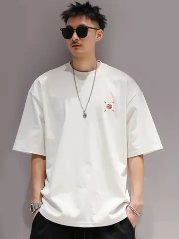 Men's plus-size loose summer cotton casual T-shirt with Chinese trend graphic print