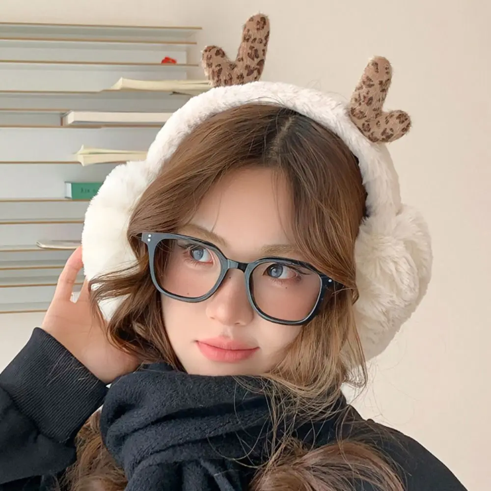 Comfortable Ear Cap Plush Earmuffs Deer Antler Leopard Print Winter Earmuffs Thicken Earflap Imitation Fur Ear Cover Outdoor