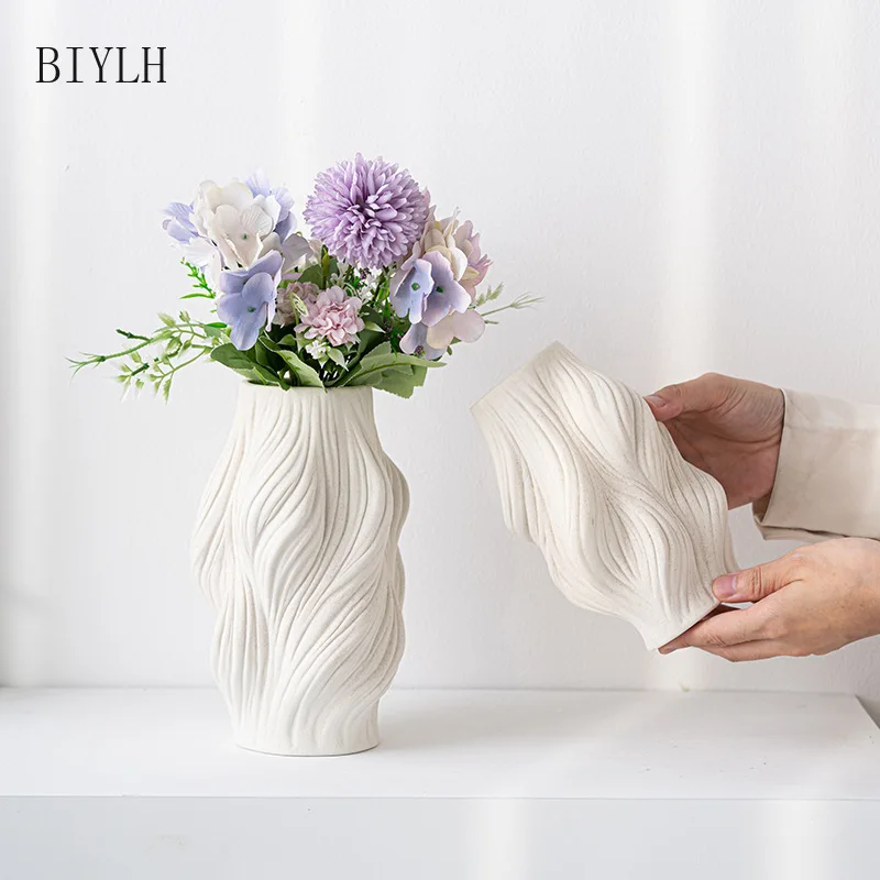 BIYLH White Series  Plain-fired Ceramic Vase Nordic Corrugated Flower Arrangement Home Decoration Crafts Ornaments Holiday Gifts