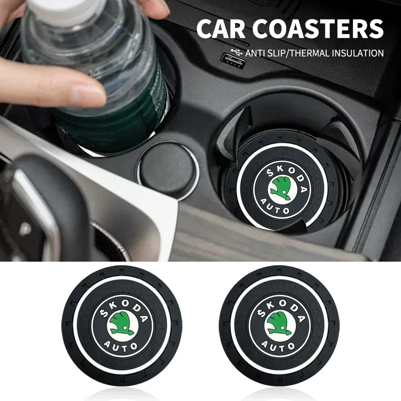 1/2pcs Non-slip Car Water Cup Pad Coaster Rubber Mat For Skoda Fabia Yeti Octavia Enyaq Rapid Kodiaq Kamiq Karoq Scala Superb