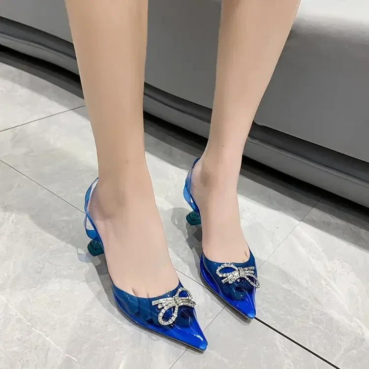 

2022 New Summer Joker Pointy Thick Heel Sexy Rhinestone Transparent Sandals Women Women Shoes Sandals