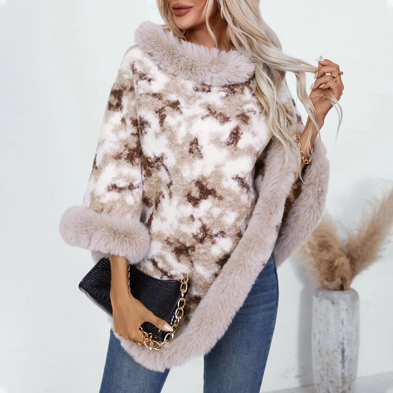 Knitted Cloak Sweater Women Print Shawl Outwear Warm Thick Fur Collar Casual Loose Ponchos Cape Batwing Sleeve Elegant