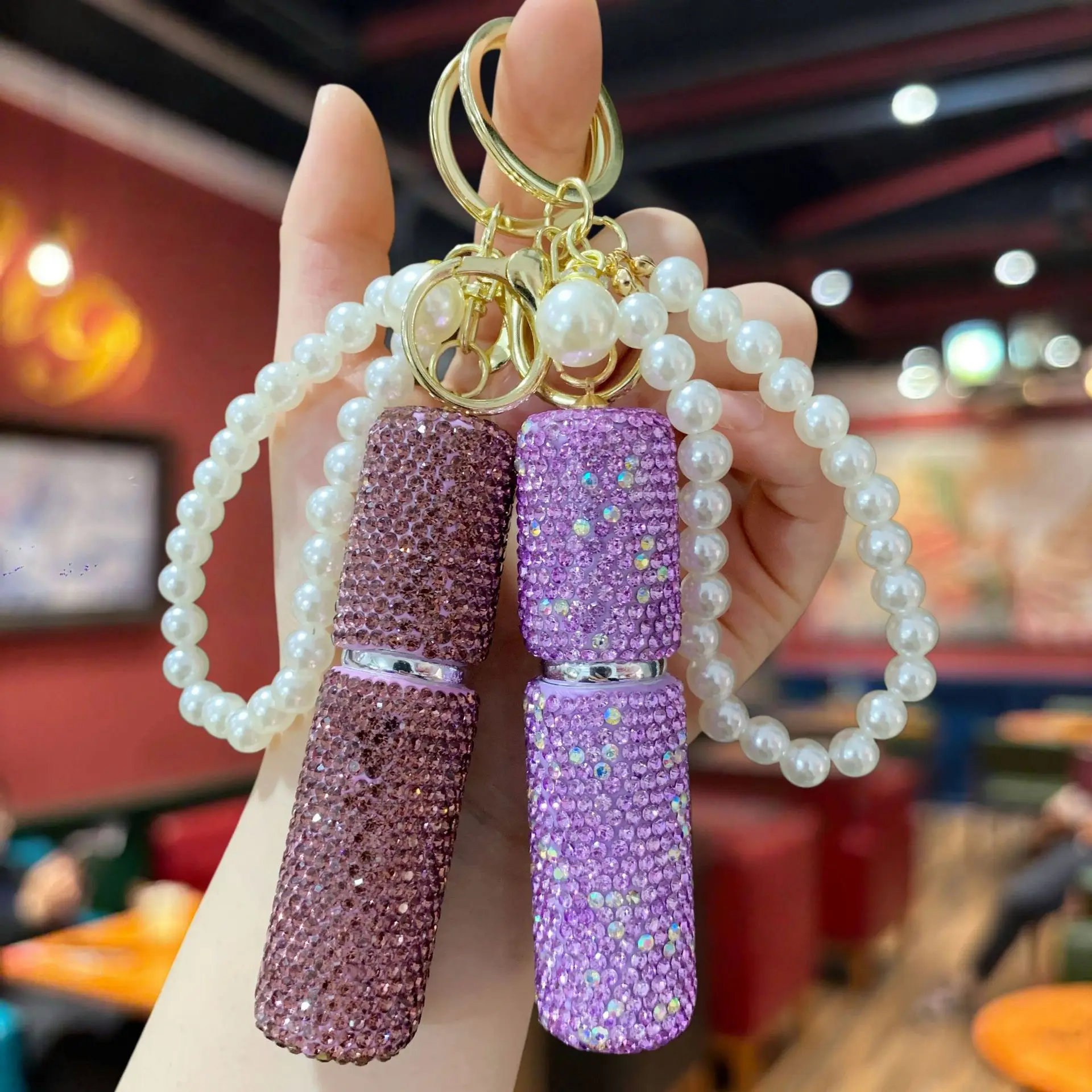 Bling Full Rhinestone Mini Perfume Bottle Keychain, Pearl Chain Refillable Spray Bottle, Portable Bag Charm Pendant for Women