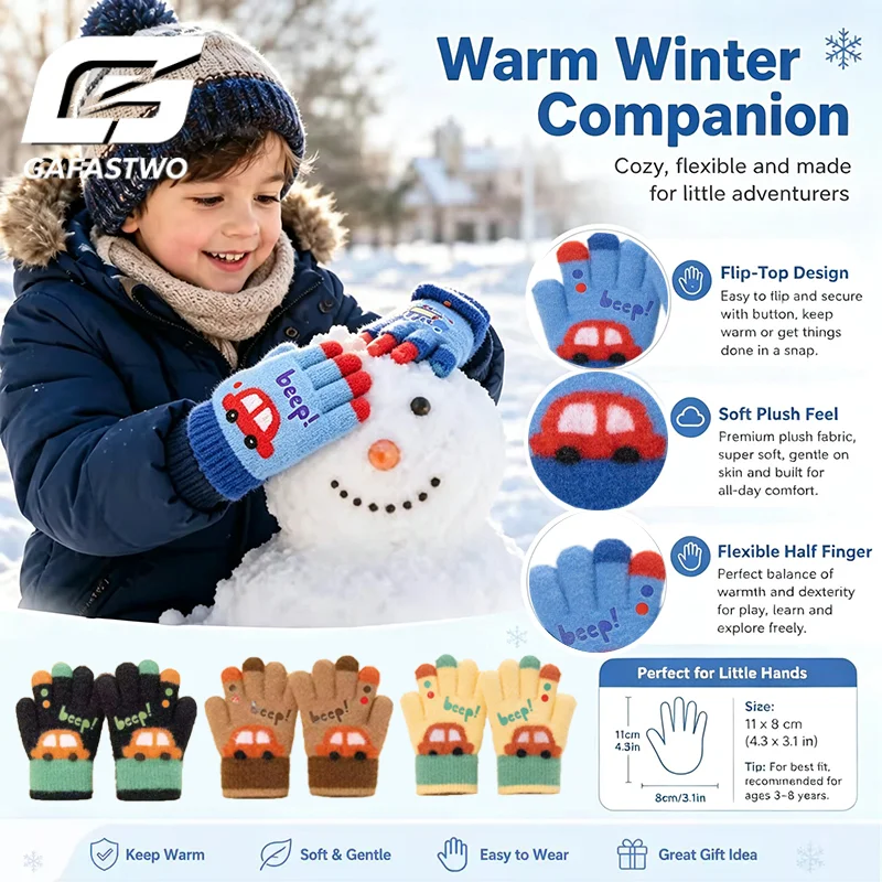 Kids Winter Gloves 3-7 Years Old Thick Warm Knitted Cartoon Car Design Five Finger Cold Proof for Boys Girls Kindergarten
