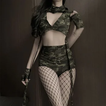 Women's Camouflage Hollow Out Backless Top Shorts Cosplay Instructor Nightclub Costumes Entice Wild Officer Role Play Outfit New