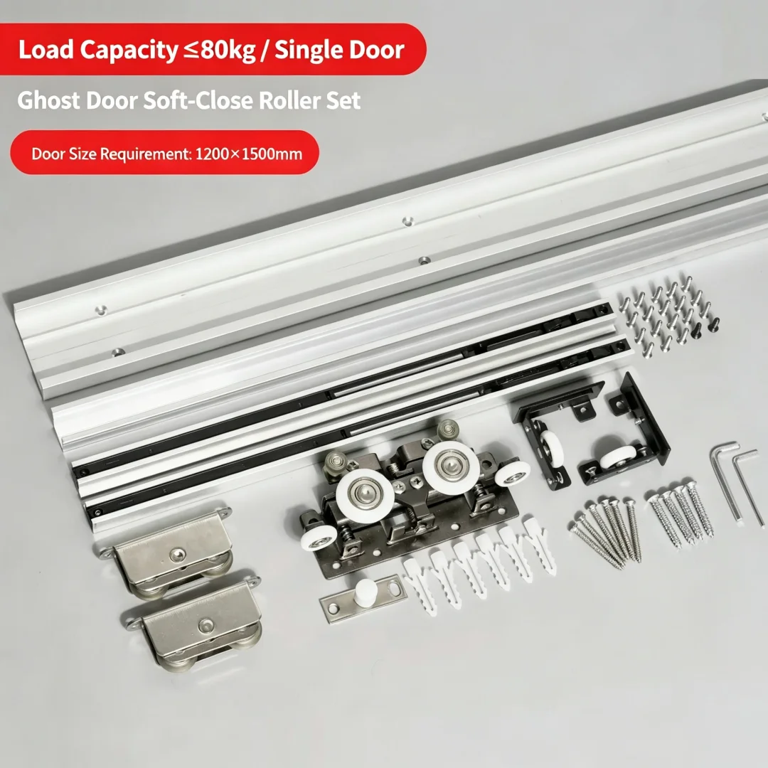 Suspended Ghost Door Hardware Set, Invisible Concealed Track Assembly, Sliding Door Hanging Rail & Lower Roller Accessories