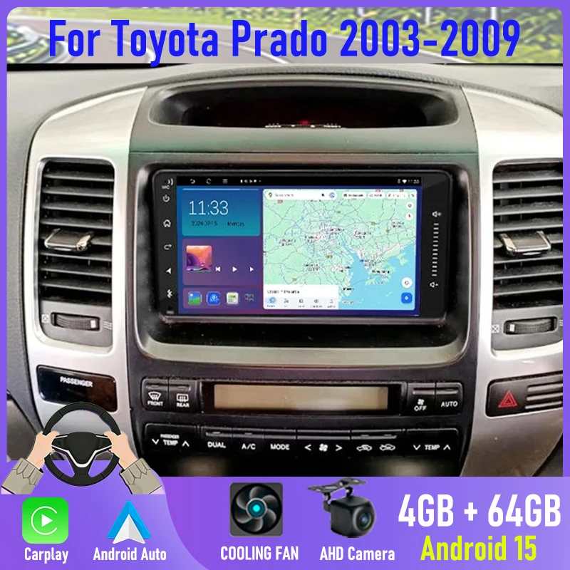 

7" 6+128GB Car Radio For Toyota Prado 2003-2009 Wireless CarPlay Android 15 Auto