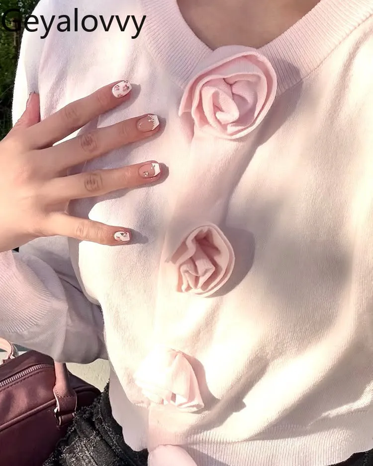 

Japanese Style Soft Thin Sweet Long Sleeves Women's 2026 New Round Neck Knitting Cardigan Versatile Handmade Rose Short Tops