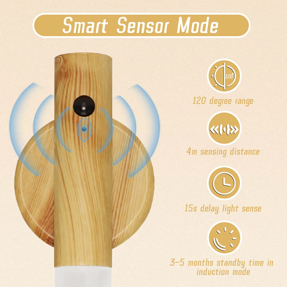 สีไม้ LED แบบชาร์จไฟได้ USB Night Light Grain Sensor ตู้ครัวตู้เสื้อผ้า Light มือถือการออกแบบแม่เหล็กโคมไฟข้างเตียง