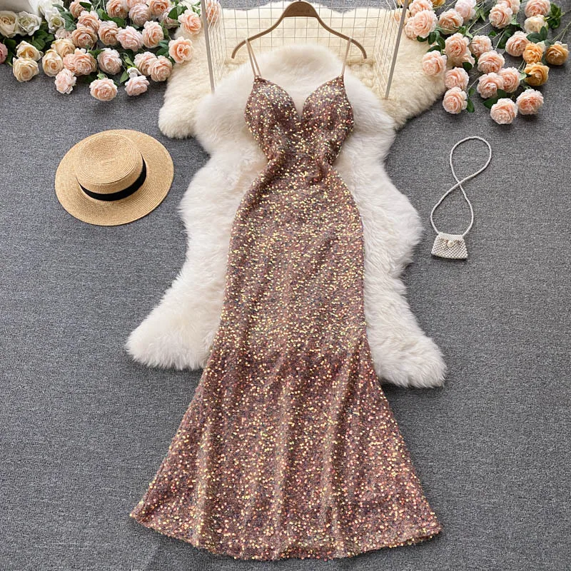 Elegant Guest Wedding Dresses Shinny Sequins Women Summer Long Dresses Cocktail Sling Sexy Long Dress Red Dresses For Women 2023