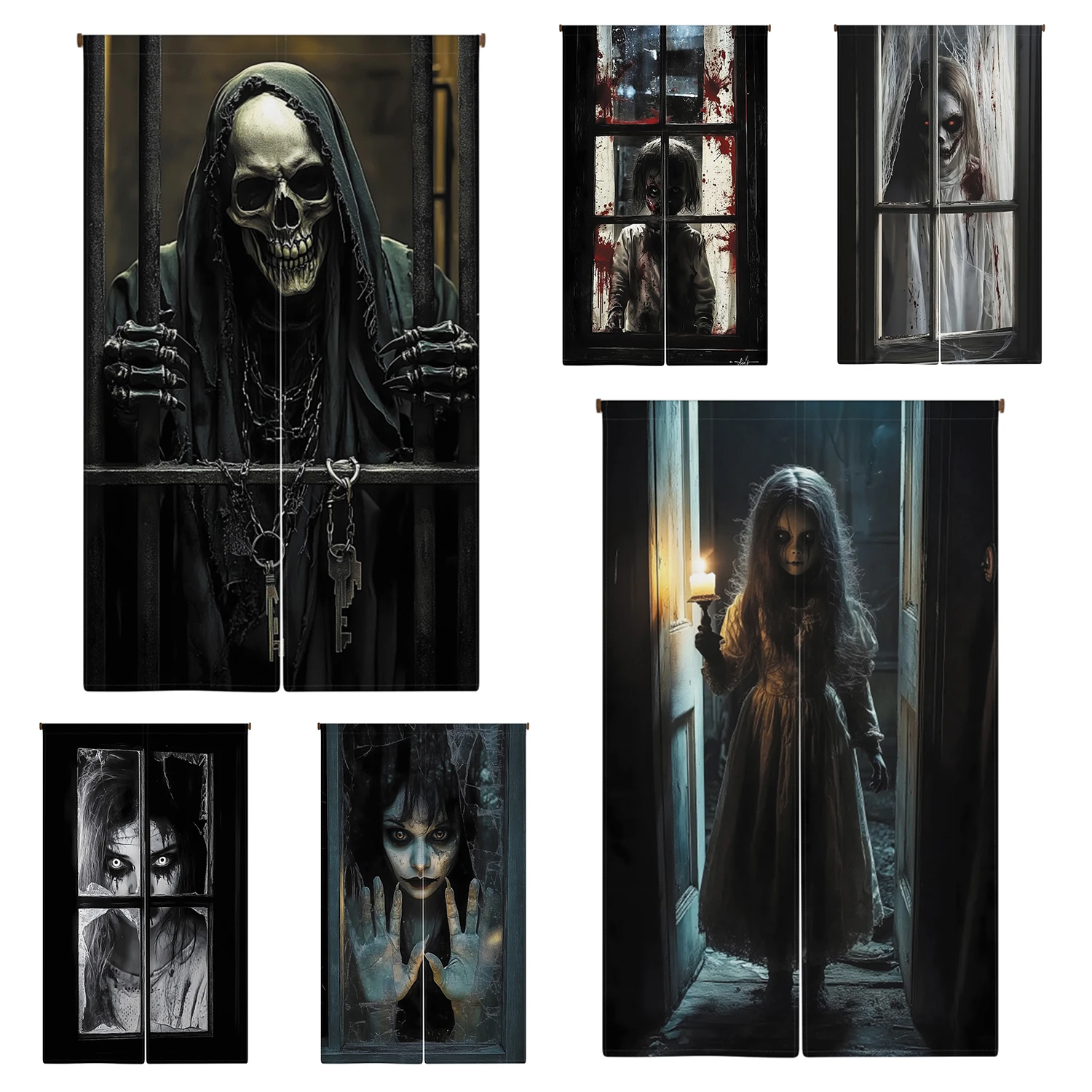Halloween Spooky Skeleton Door Curtain Kitchen Living Room Partition Entryway Hanging Half-Curtain Halloween Room Decor