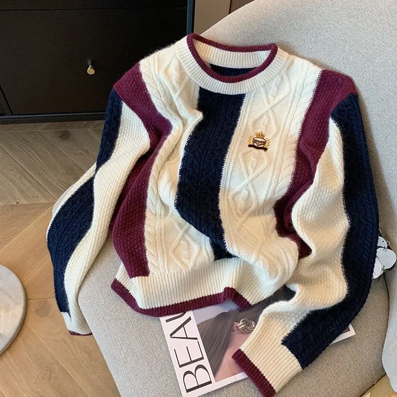 Loose Casual Pullovers for Women Jacquard Color Blocking Design 2023 Fashion Trendy Knitted Sweater Embroidery Winter Clothes