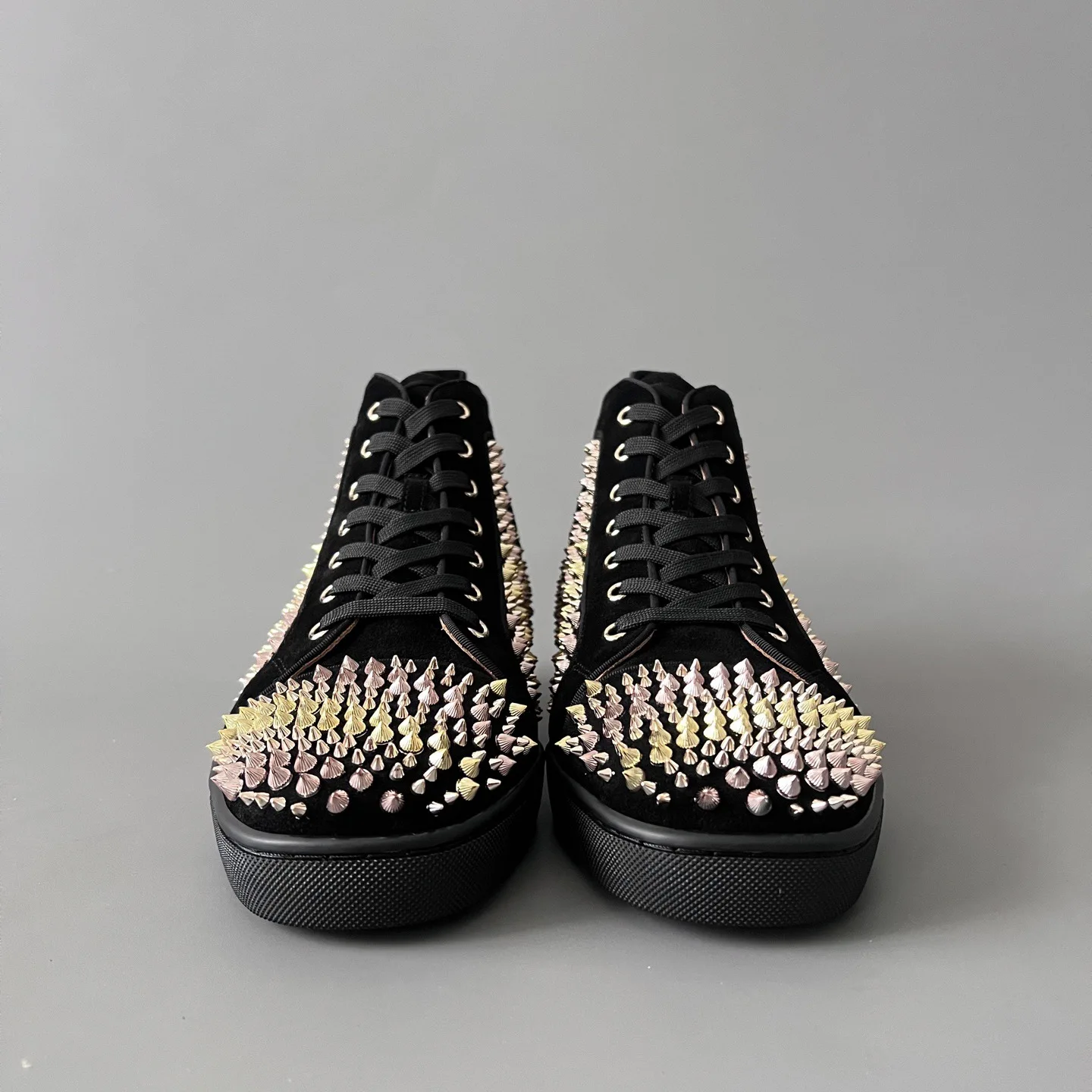 Luxury Men's High Top Black Suede Genuine Leather Leopard Spikes Lace Up Loafers Premium Red Bottom Classic Casual Boat Shoes