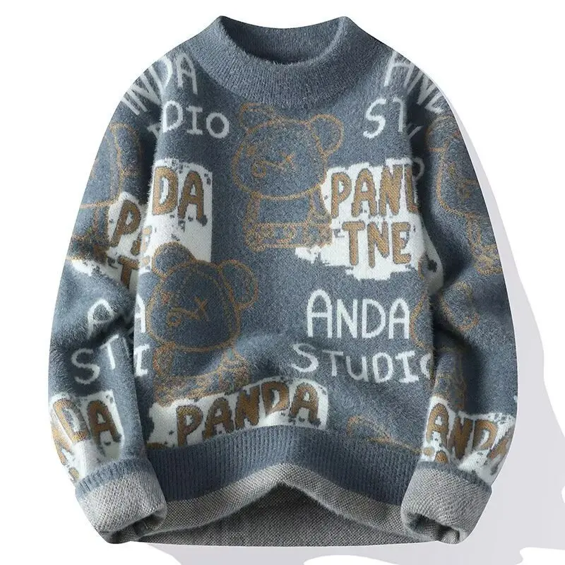 الحجم الأوروبي حجم كبير الدب سترة جاكار سترة الرجال الجولة الرقبة مع بطانة الصوف ملابس داخلية الخريف والشتاء البلوز