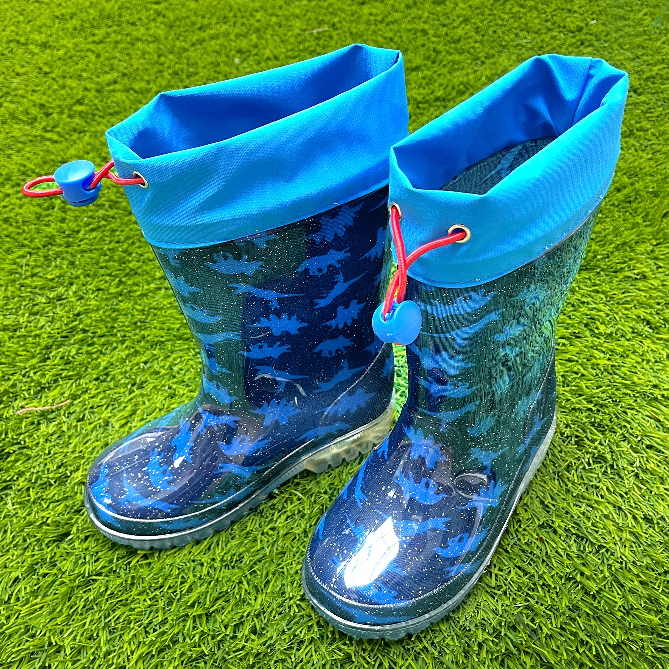 Kids’ Outdoor Cute Cartoon Blue Dinosaur Glitter PVC Rain Boots with Drawstring Closure - Waterproof Anti-slip Water Shoes