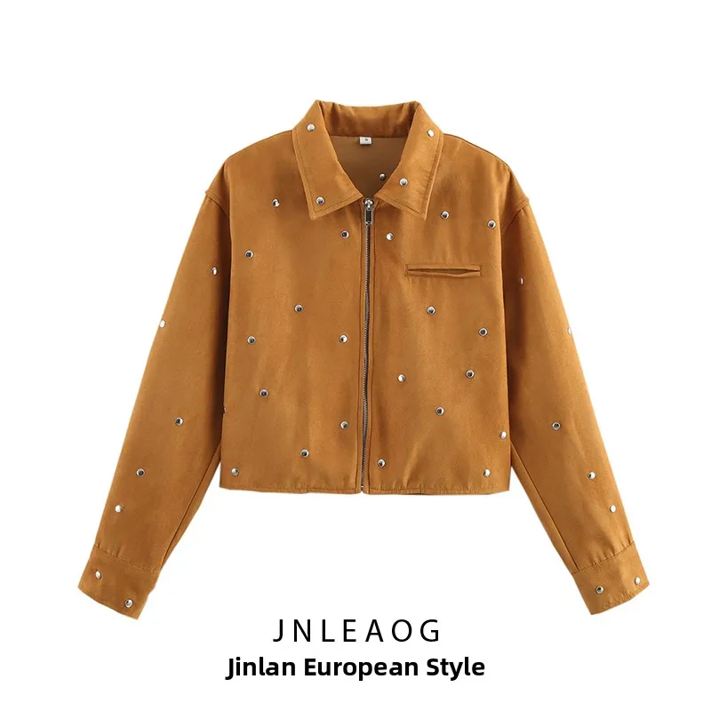 

Faionable Suede Jaet, женская осенняя новинка, универсальная куртка с декоративными заклепками, свободная посадка, длинная застежка на пуговицы све