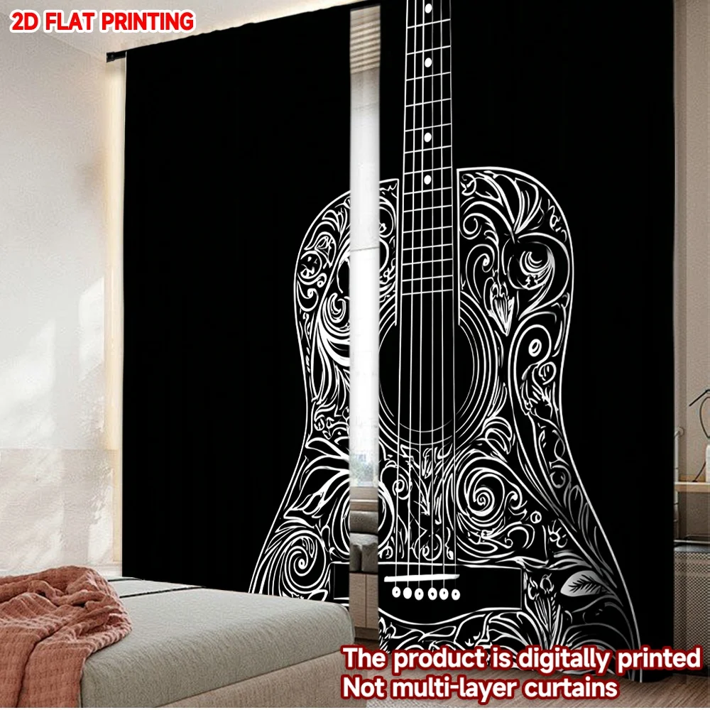 2pcs Guitar Art Curtains  Digital Printing, White Ornate Guitar with Window View on Black Background for Music Lover Living Room
