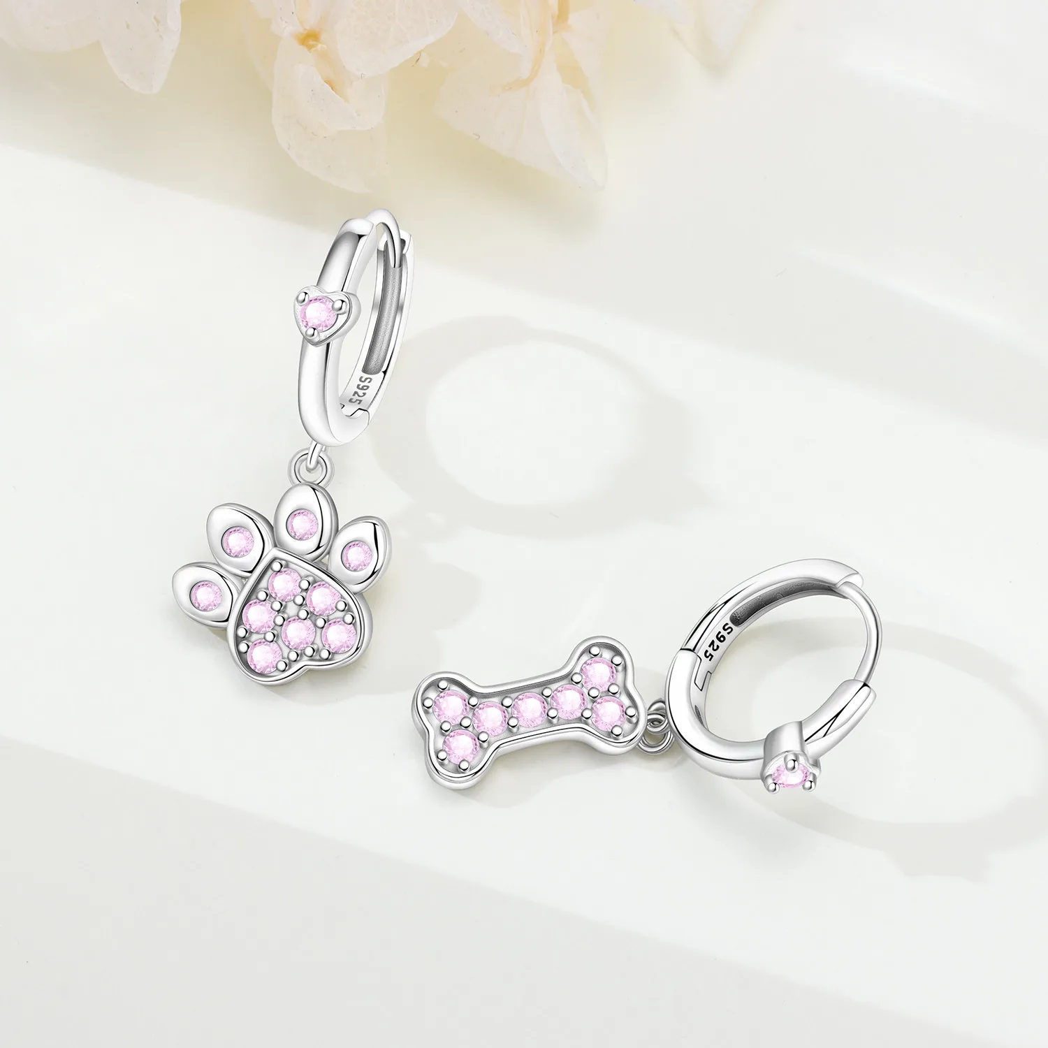 

MISEFF S925 Sterling Silver Earrings Exquisite Pink Bone Cute Paw Asymmetrical Earrings Fashion Jewelry Birthday Gift For Women