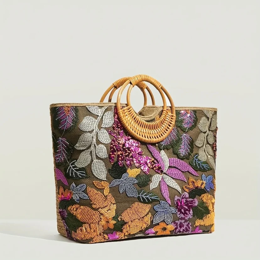 Mode Blume Pailletten Stickerei große Einkaufstasche runde Rattan Griff Frauen Handtasche lässig Sommer Strand taschen für Urlaub & Urlaub