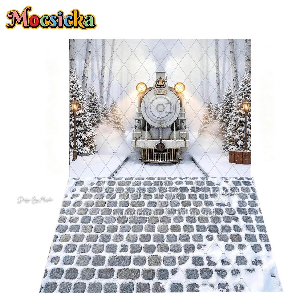 Mocsicka Christmas Backdrop Photography Snowy Polar Express Train Station Forest Lantern Backdrop Kid Holiday Family Photobooth