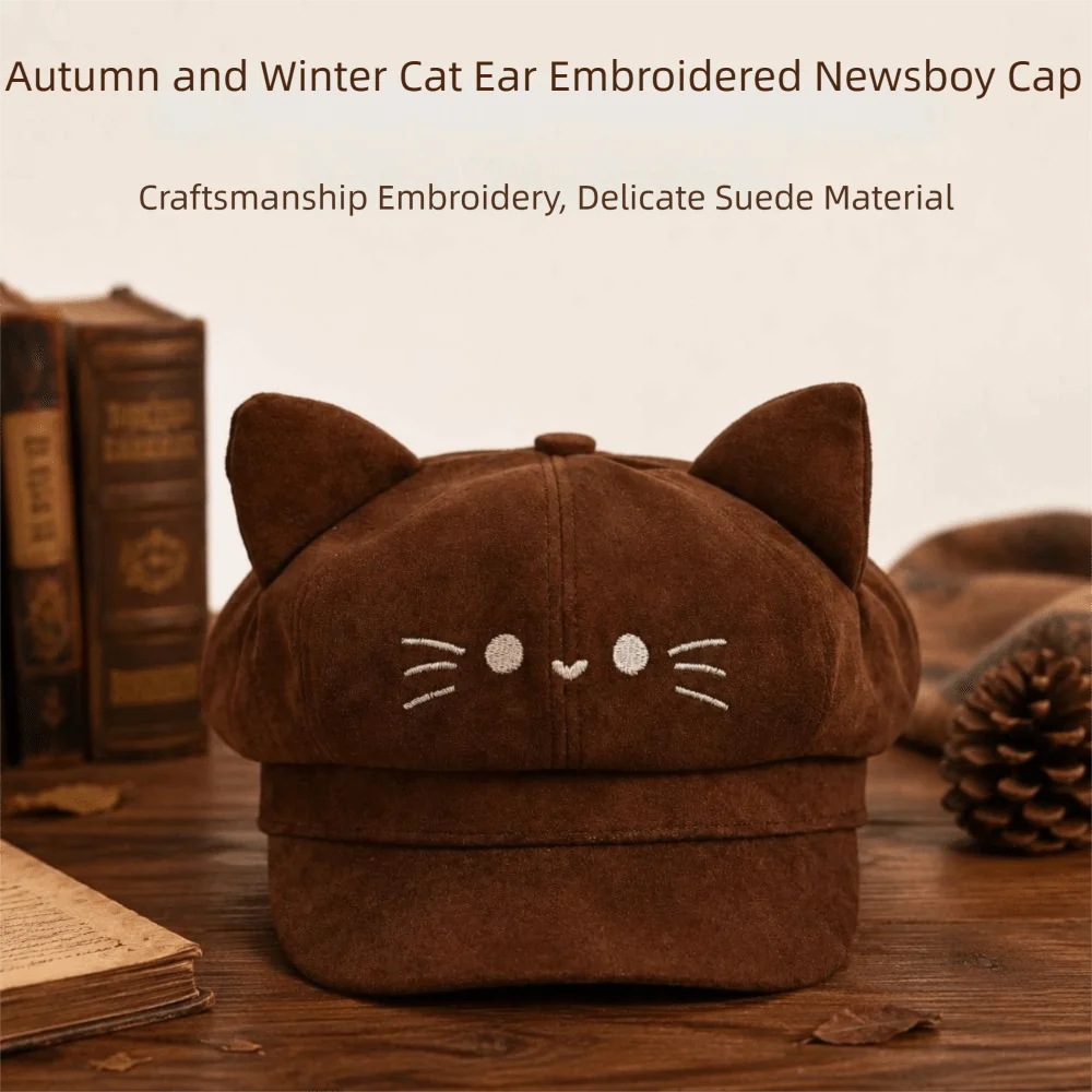 Casual Embroidery Embroidered Cat Ears Beret Y2K Spice Girl Painter Artist Cap Lollita Cute Newsboy Hat Daily