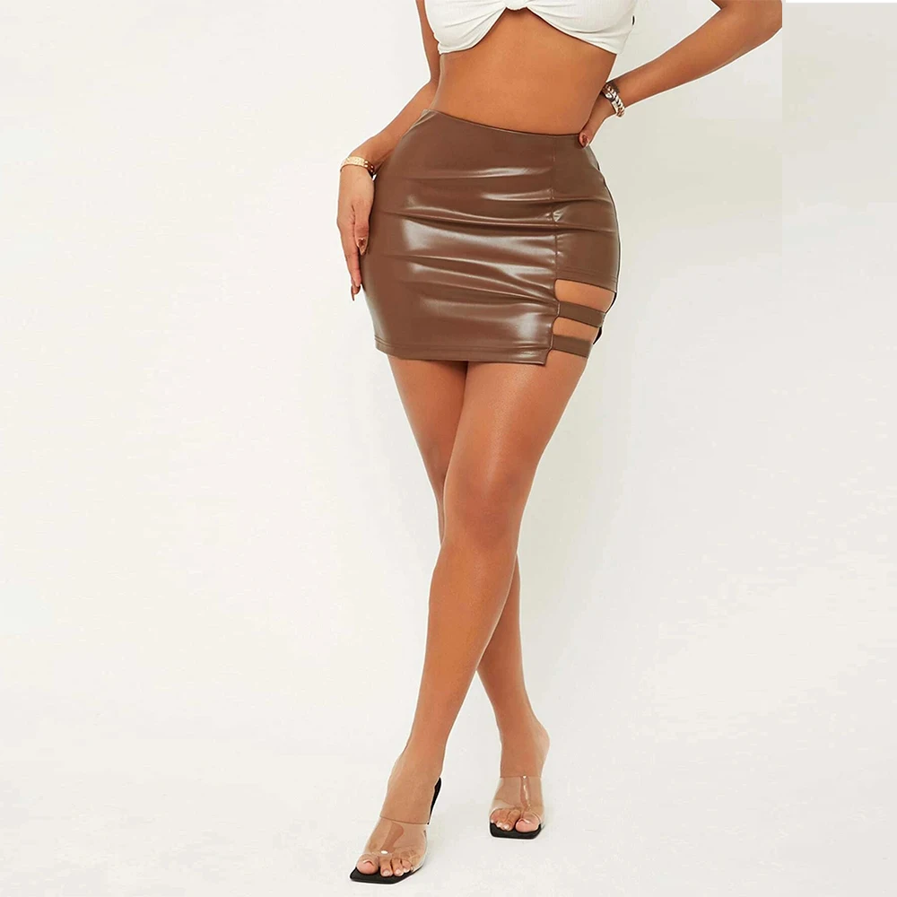 Women PU Skirt Lady Skinny High Waist Pencil Skirts Faux Leather Short Asymmetrical Skirt