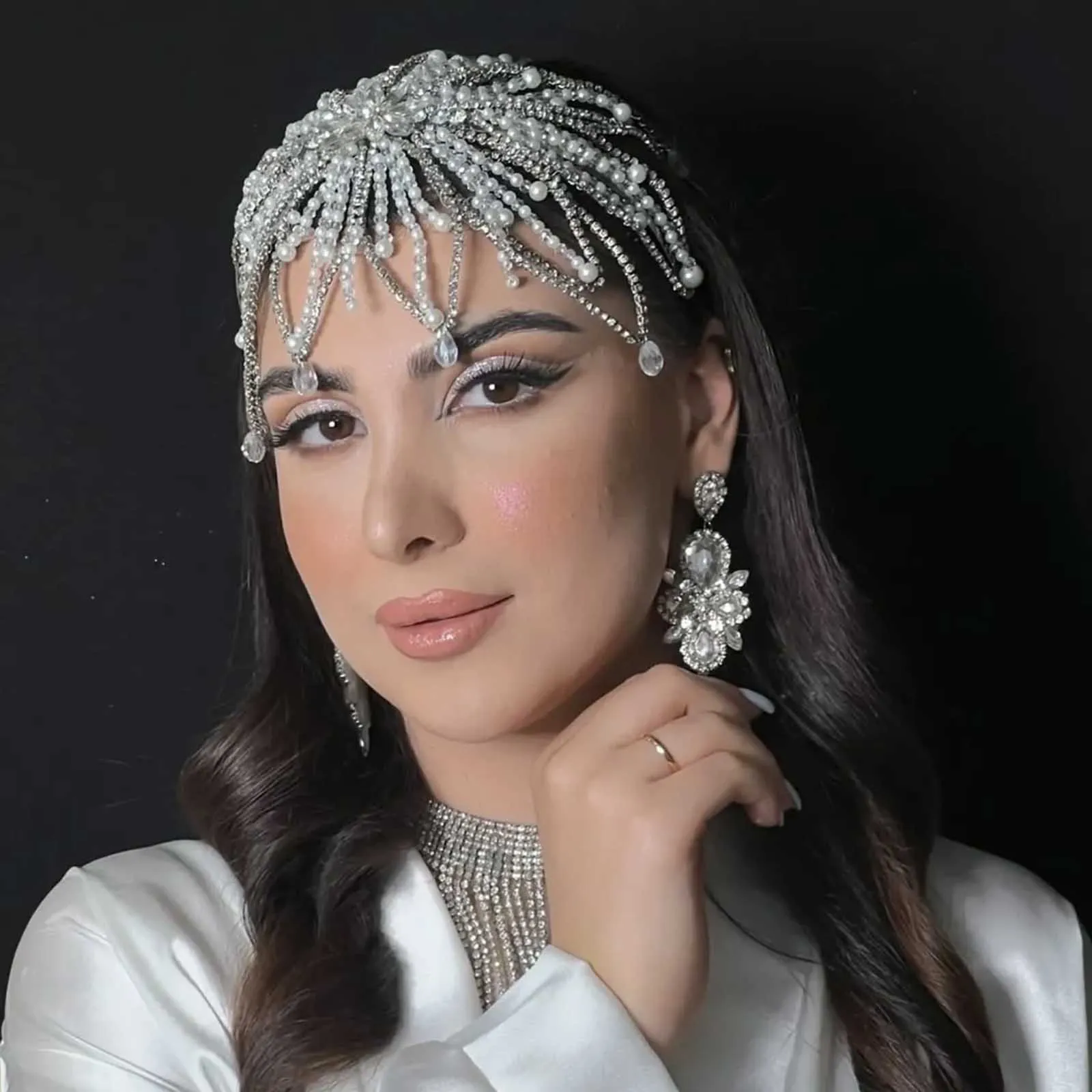 DZ328 بلينغ حجر الراين الزفاف عقال أنيقة الزهور عصابات الشعر الفاخرة تاج أغطية الرأس مطرز اللؤلؤ الزفاف إكسسوارات الشعر #1