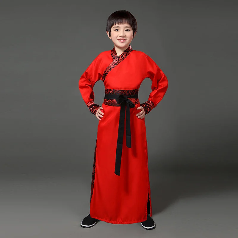 Fato chinês de seda infantil, conjunto hanfu, quimono para meninos, tradicional chinês, étnico vintage, dança do guerreiro, conjunto hanfu