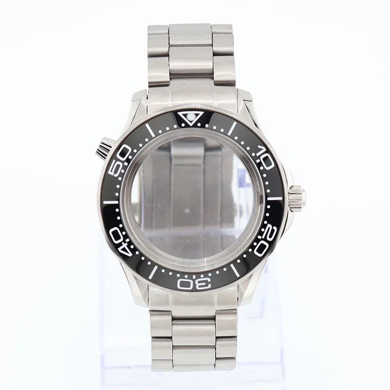 

42mm Black Seamaster NH35 Watch Cases Oyster Bracelet Ceramic Bezel Sapphire Glass for Seiko NH36 Movement Replacement Parts