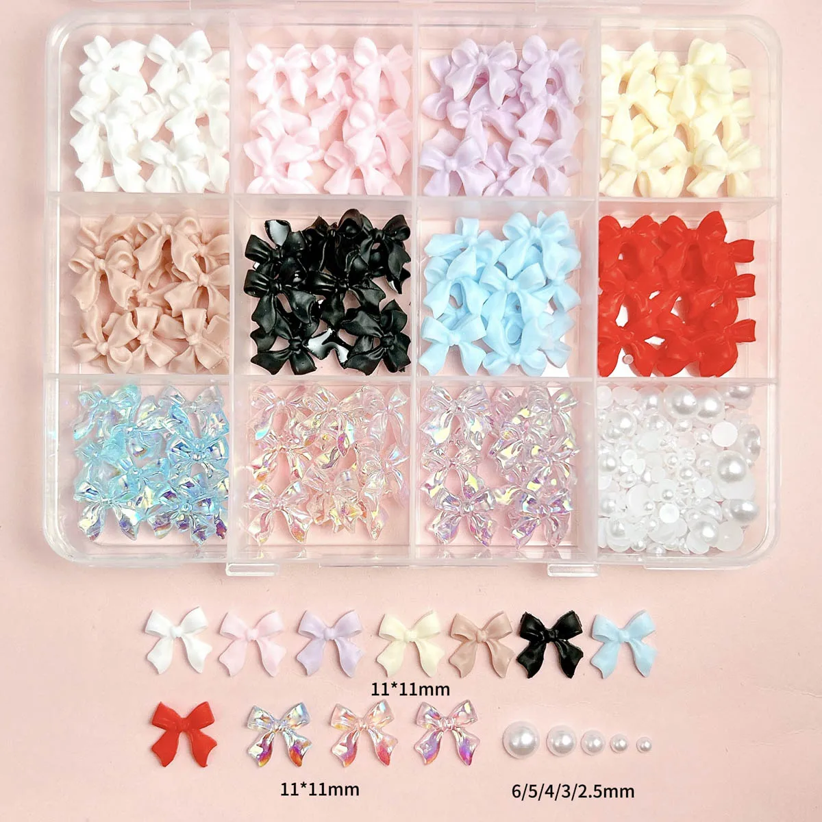 1Box 3D Multiple Colors Sweet Ribbon Bows Resin Nail Charms Creative Flat Bottomed Artificial Pearls Nail Art Decorations DIY