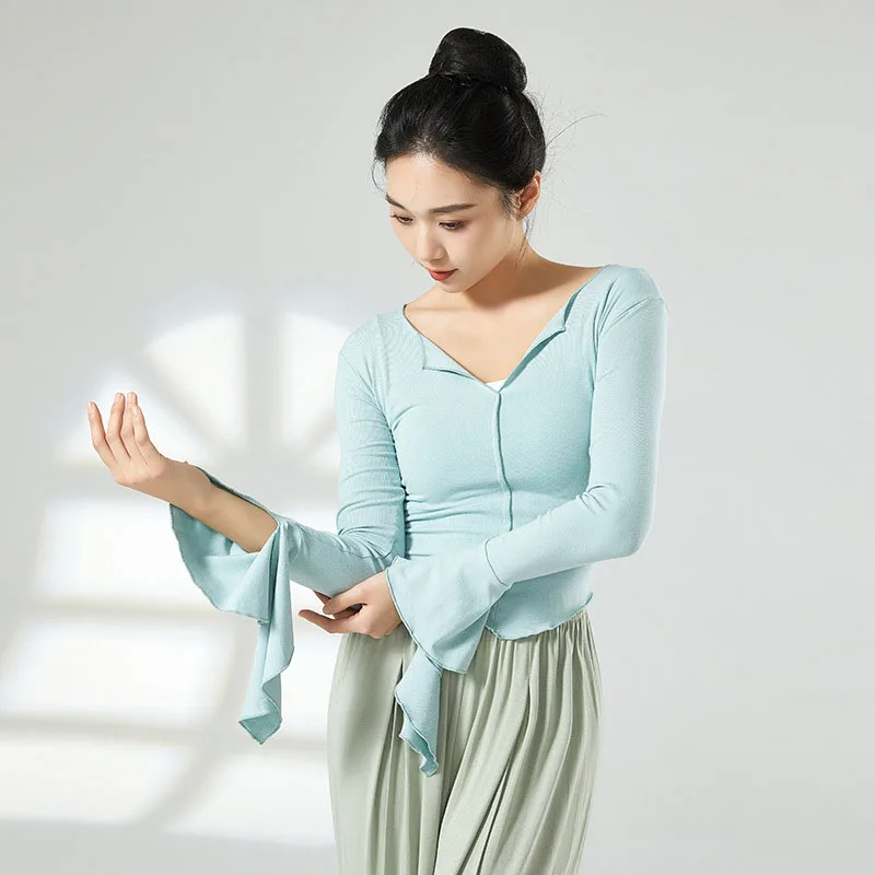 

Adult Slim Fit Small Lapel V Neck Flare Long Sleeve Belly Dance T Shirt Top Costumes for Women Dancing Clothes Dancer Clothing