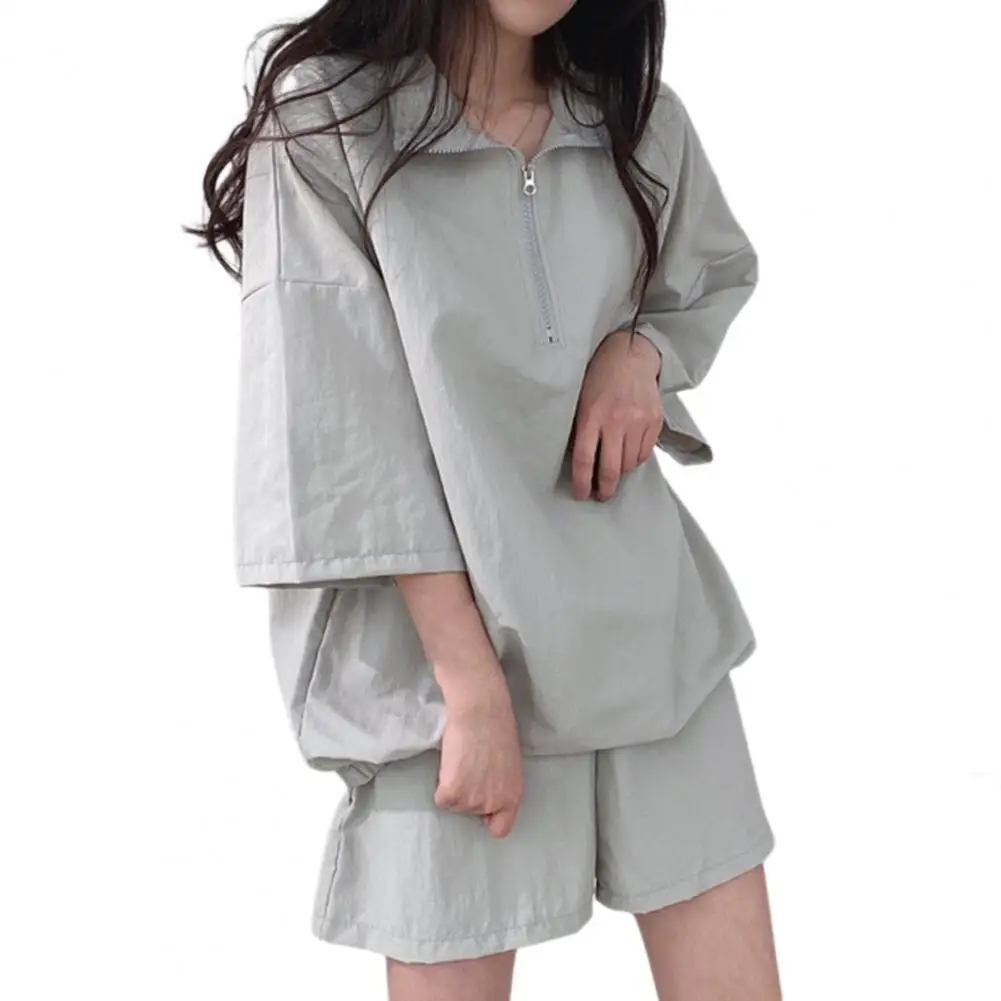 Women Suit Set Stylish Women's Summer Tracksuit Zippered High Collar Top Loose Half Sleeves High Waist Shorts for Outfit Women