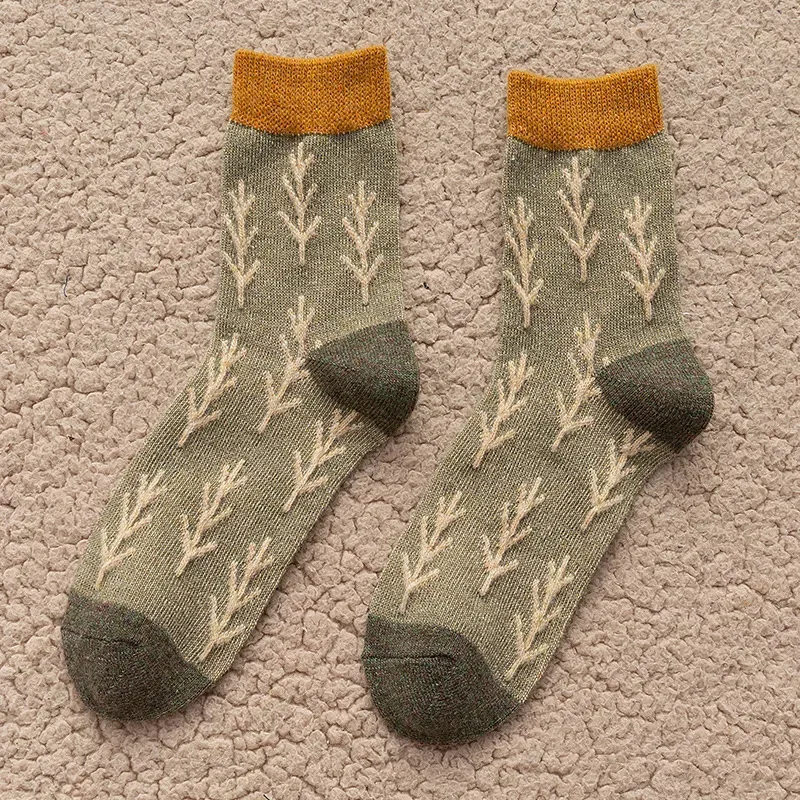 Chaussettes empilées mi-tube en coton pour femmes, Inns, Japanese Vintage, Christmas Branch, Minimalist imprimés Style, Automne, Hiver