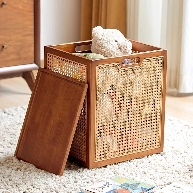 

Rattan storage basket Woven snack basket Household with lid Large capacity with wheel Clothing sundries Plush toy storage basket