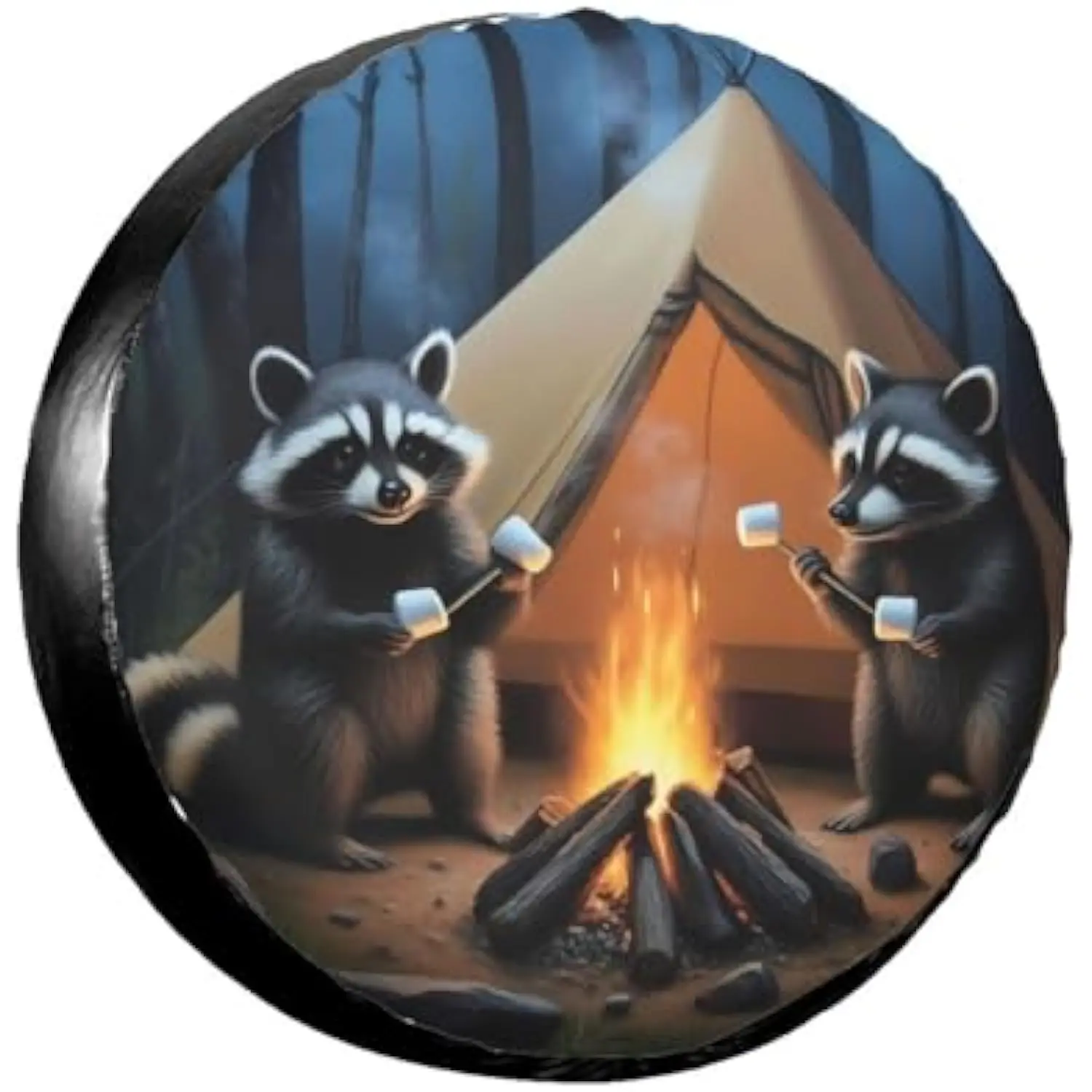 

Raccoons Roasting Marshmallows Tire Cover Funny Animals Camping Spare Wheel Cover Waterproof RV Trailer Protector