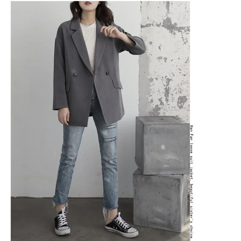 2023 Women Elegant Lapel Single Button Black Blazer Spring Autumn Gray Vintage Jacket Coat Ladies Workwear Female Formal Clothes