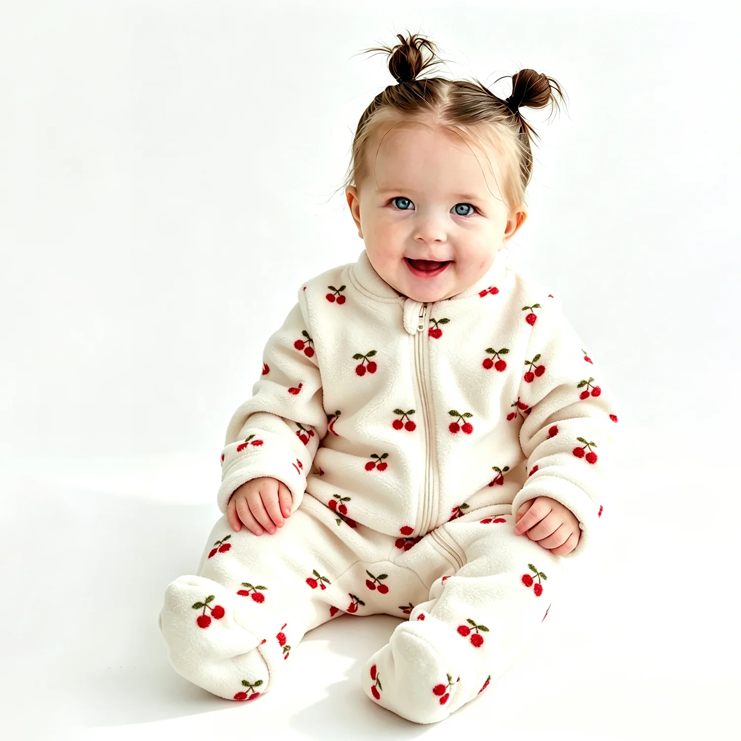 Cotton Baby Onesies Zipper - ชุดบอดี้สูทเด็กทารกผ้าฟลีซสีขาวนวลอบอุ่น ลายเชอร์รี่สีแดง ชุดรอมเปอร์มีซิปสำหรับเด็กแรกเกิด ชุดบอดี้สูทเด็กอ่อนนุ่มสบาย 62-92 ซม.