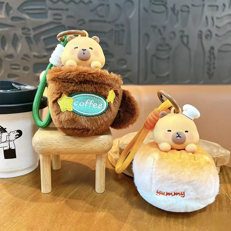 Creatieve schattige koffie brood capibara pluche pop sleutelhanger cartoon zachte pluche knuffeldier paar rugzak hanger grappig cadeau